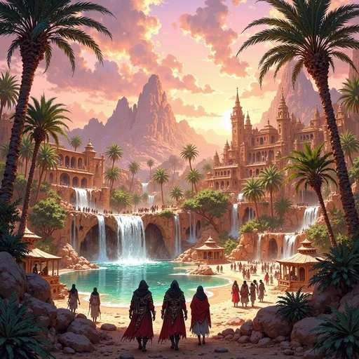 Prompt: Big kingdom, large desert oasis, water spring, waterfalls, trees, greenry, dramatic fantasy settlement scene, traveling caravan,  cinematic lighting