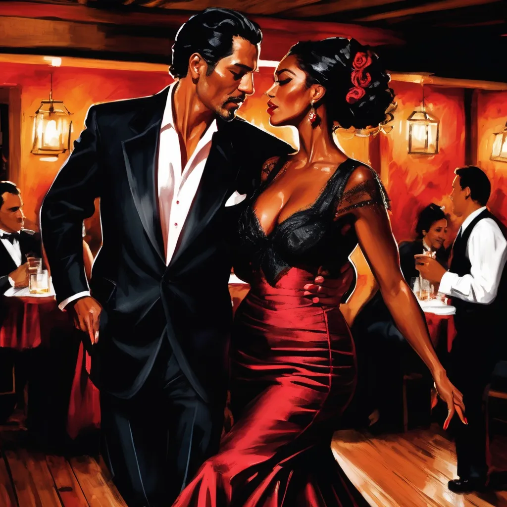 Prompt: A suave Latino man dancing the tango with his beautiful black woman in a Spanish club.