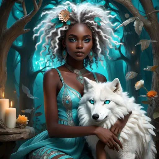 Prompt: (beautiful young black woman), full body, vibrant fantasy style, dark chocolate skin, luxurious white curly/coily hair, striking turquoise eyes, pet white owl and pet white wolf, magical atmosphere, enchanting light, whimsical background filled with fantastical elements, lush colors, dreamy vibe, high depth, ultra-detailed, captivating and imaginative composition.