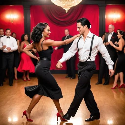 Prompt: A dashing Latino man with slick black hair dons a fitted black shirt, suspenders and tailored slacks, exuding confidence as he leads a beautifully graceful black woman across the dance floor. She wears a matching black dress that flows elegantly around her as she moves, accentuated by her bold red heels and red rose in her hair. The dimly lit Argentinian-style club is alive with a warm, inviting atmosphere, where rustic wooden beams and vibrant murals hint at a rich cultural tapestry. Soft golden lights cast gentle shadows, illuminating the couple as they dance passionately, their eyes locked in a joyful connection. The vibrant sounds of the tango envelop them, transporting onlookers to a world of romance and rhythm. This scene captures the essence of life and dance in a cinematic, photorealistic style. 
