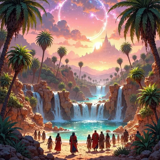 Prompt: In a sprawling, golden desert, a magnificent kingdom rises majestically at the edge of a lush oasis. Towering palm trees with vibrant green foliage encircle a crystal-clear water spring, from which glistening waterfalls cascade, their gentle roar harmonizing with the whispers of the wind. The sky above is a canvas of swirling pinks and deep purples as the sun sets, casting dramatic shadows across the vibrant settlement nestled against the oasis. A colorful traveling caravan winds its way through the scene, adorned with richly woven fabrics and exotic goods, with a diverse group of travelers animatedly exchanging stories. The atmosphere is alive with a palpable sense of adventure and camaraderie, all captured in striking cinematic lighting that emphasizes the contrasts between the vibrant oasis and the surrounding arid landscape.