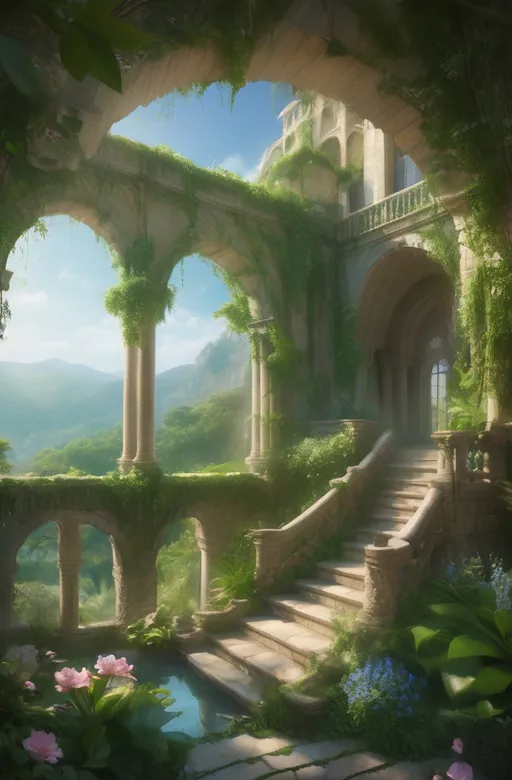 Prompt: Amidst a breathtaking landscape, ancient stone arches beckon the viewer into a lush, overgrown paradise where nature intertwines seamlessly with architecture. Cascading down from elevated terraces, stairs lead to tranquil pools reflecting the vibrant green foliage and azure skies, creating a serene atmosphere. Sunlight filters through the trees, illuminating delicate flowers blooming along the pathways and enhancing the opulence of the scene. The intricate design of the structures, combined with the distant rolling hills and sparkling waters below, evokes a sense of timelessness and tranquility, inviting one to imagine stories of leisurely afternoons spent in this idyllic retreat.
