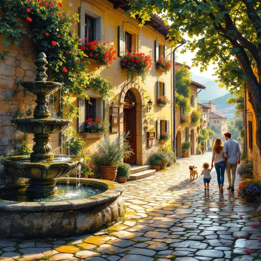 Prompt: A picturesque Italian village alcove, bathed in the warm golden light of late afternoon sun, casts long shadows across the cobblestone stones. A classic stone fountain, with water cascading gently over moss-covered edges, creates a soothing melody amidst the pleasant hum of nearby conversations. Each window held colorful window boxes overflow with blooming flowers in vibrant reds, yellows, and blues, their petals fluttering in a soft breeze that carries the delicate scent of lavender and rosemary. A couple strolls hand-in-hand, their laughter mingling with the sound of the water, while a small child chases after a playful dog, their joy painting the scene with life. This enchanting atmosphere could be beautifully captured in a cinematic, photorealistic style, showcasing the village's charm and tranquility.