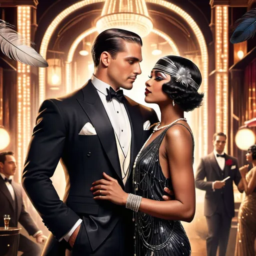 Prompt: Visualize a captivating romance novel cover set in the vibrant 1920s. A handsome man with slicked-back hair and a dapper suit holds a gorgeous black woman adorned in a luxurious flapper dress, accented with shimmering beads and feathers. Their eyes lock in a magnetic gaze, the connection palpable against the backdrop of a bustling jazz club filled with elegantly dressed patrons. Soft golden light bathes the scene, creating an inviting warmth, while a faint shimmer of sequins dances in the air. A saxophonist can be seen in the background, adding musical energy to the atmosphere. The overall style is reminiscent of vintage art deco illustrations, enhancing the timeless elegance of their romance.