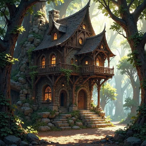 Prompt: Envision a dwelling that emerges gracefully from the heart of an ancient forest, a masterful fusion of sturdy, dark-hewn timber and rugged, unmortared stone, nestled into a natural hollow. Sunlight filters softly through the dense canopy above, casting ethereal patterns on the forest floor, while shafts of golden light illuminate the dwelling’s textured surfaces, enhancing the rich browns and deep grays of the wood and stone. Moss and creeping vines entwine around the structure, as if nature itself is embracing this serene sanctuary. The air is thick with the scent of damp earth and the distant sounds of rustling leaves create a gentle symphony. Consider framing this enchanting scene with cinematic lighting to evoke a sense of tranquility and hidden magic.