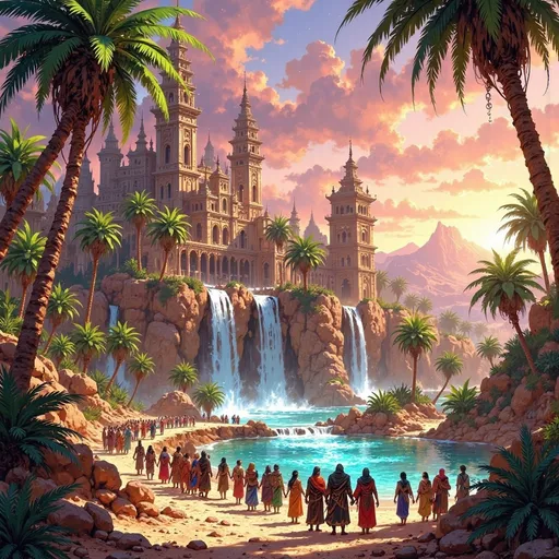 Prompt: In a sprawling, golden desert, a magnificent kingdom rises majestically at the edge of a lush oasis. Towering palm trees with vibrant green foliage encircle a crystal-clear water spring, from which glistening waterfalls cascade, their gentle roar harmonizing with the whispers of the wind. The sky above is a canvas of swirling pinks and deep purples as the sun sets, casting dramatic shadows across the vibrant settlement nestled against the oasis. A colorful traveling caravan winds its way through the scene, adorned with richly woven fabrics and exotic goods, with a diverse group of travelers animatedly exchanging stories. The atmosphere is alive with a palpable sense of adventure and camaraderie, all captured in striking cinematic lighting that emphasizes the contrasts between the vibrant oasis and the surrounding arid landscape.