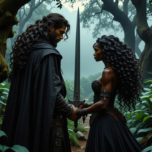 Prompt: In a mystical world, a tall rugged handsome white man with long black hair and beard and deep blue eyes prowls forward with sword in hand as he protectively leads his beautiful black lover with deep brown skin and mass of curly hair through the wilderess. 
