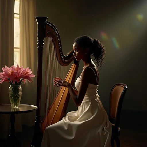 Prompt: In a very dark room a young, beautiful black woman wearing a white satin dress with thin straps and long curly hair craft into an elegant hairstyle sitting on a chair playing the harp. Next to her on a round table, there is a crystal vase with a bouquet of pink lilies. The dim gold light from a window softly illuminates her casting a moody atmosphere. Dust particles float in the air and the rainbow lights dancing on the walls from sunlight reflecting from the crystal vase adding to the ethereal ambiance