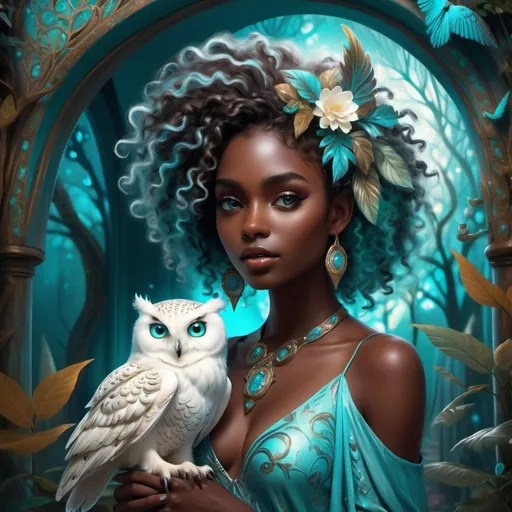 Prompt: (beautiful young black woman), full body, vibrant fantasy style, dark chocolate skin, luxurious white curly/coily hair, striking turquoise eyes, pet white owl, magical atmosphere, enchanting light, whimsical background filled with fantastical elements, lush colors, dreamy vibe, high depth, ultra-detailed, captivating and imaginative composition.