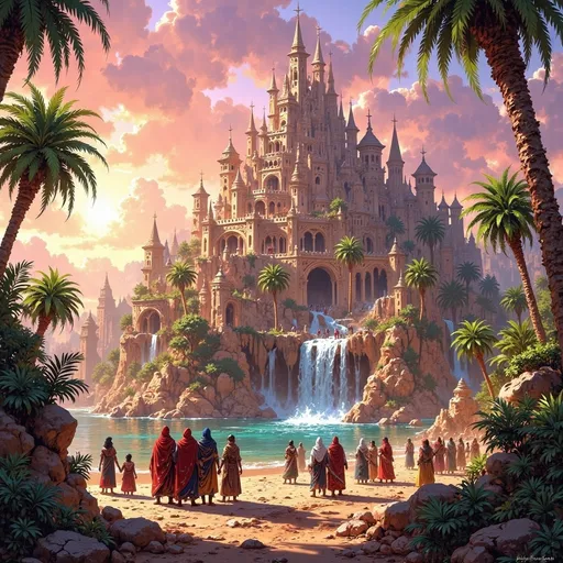 Prompt: Big kingdom, large desert oasis, water spring, waterfalls, trees, greenry, dramatic fantasy settlement scene, traveling caravan,  cinematic lighting