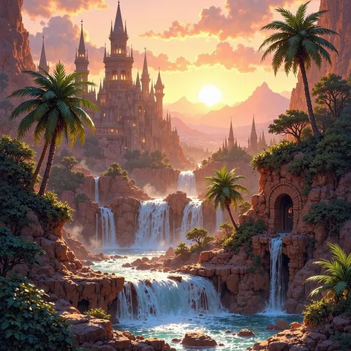 Prompt: A grand kingdom rises majestically on the horizon, nestled around a sprawling oasis within a vast, golden desert. The shimmering water spring cascades over natural rock formations, creating a series of stunning waterfalls that catch the light of the setting sun, casting rainbows through the mist. Lush greenery, including tall palm trees and vibrant flora, flourishes around the water, contrasting dramatically with the arid sands beyond. The cinematic lighting bathes the scene in warm hues of orange and deep purple, enhancing the magical atmosphere. In the distance, intricately designed towers and fortifications of the kingdom soar towards the sky, with silken banners fluttering gently in the cool evening breeze, evoking a sense of wonder and adventure in this fantasy settlement. 