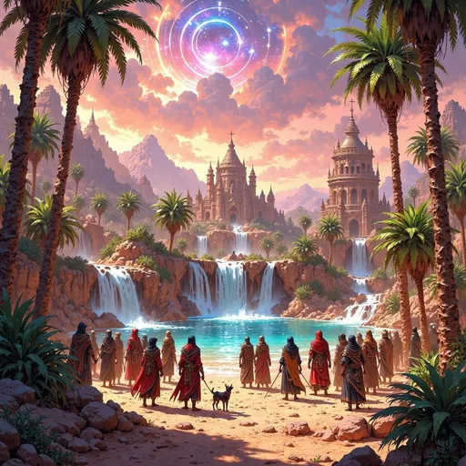 Prompt: In a sprawling, golden desert, a magnificent kingdom rises majestically at the edge of a lush oasis. Towering palm trees with vibrant green foliage encircle a crystal-clear water spring, from which glistening waterfalls cascade, their gentle roar harmonizing with the whispers of the wind. The sky above is a canvas of swirling pinks and deep purples as the sun sets, casting dramatic shadows across the vibrant settlement nestled against the oasis. A colorful traveling caravan winds its way through the scene, adorned with richly woven fabrics and exotic goods, with a diverse group of travelers animatedly exchanging stories. The atmosphere is alive with a palpable sense of adventure and camaraderie, all captured in striking cinematic lighting that emphasizes the contrasts between the vibrant oasis and the surrounding arid landscape.