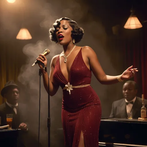 Prompt: A soulful black jazz singer, dressed in a luxurious 1920s style ruby dress, gold jewelry and a white lily in her fingerwaved hair, stands confidently center stage at the microphone, her voice pouring out like honey as she sings her heart out in a dimly lit, smoke-filled club, the air thick with the scent of cigarette smoke and whiskey, reminiscent of the iconic styles of Erté, Gustav Klimt, and Hopper, with bold, expressive brushstrokes and a muted, film noir-inspired color palette. The overall style is reminiscent of vintage art deco illustrations, enhancing the timeless elegance of their romance.