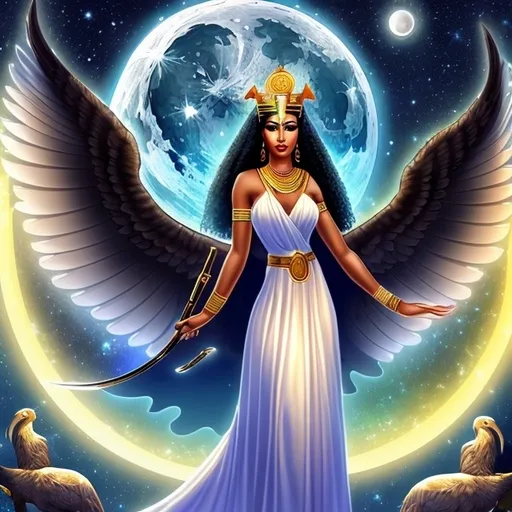 Prompt: Isis is a revered goddess in ancient Egyptian mythology, known for her powers of magic, healing, and motherhood. She is also associated with the moon, protection, and fertility. Isis was the wife of Osiris, the god of the underworld, and the mother of Horus. HD 4k 3D 8k professional modeling photo hyper realistic beautiful woman ethereal greek goddess of the moon breeze
black curly hair gorgeous face brown skin billowing gown beautiful jewelry polos crown phoenix wings full body surrounded by ambient aura glow hd landscape on mountain with starry sky night and full moon

