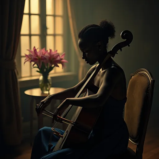Prompt: In a very dark room a young, beautiful black woman wearing a dark blue satin dress with thin straps and an elegant hairstyle sitting on a chair playing the cello. Next to her on a round table there is a vase with a bouquet of pink lilies. The dim gold light from a window softly illuminates her casting a moody atmosphere. Dust particles float in the air adding to the ethereal ambiance