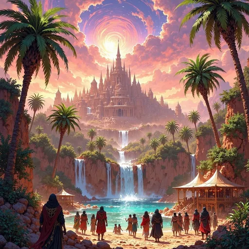 Prompt: In a sprawling, golden desert, a magnificent kingdom rises majestically at the edge of a lush oasis. Towering palm trees with vibrant green foliage encircle a crystal-clear water spring, from which glistening waterfalls cascade, their gentle roar harmonizing with the whispers of the wind. The sky above is a canvas of swirling pinks and deep purples as the sun sets, casting dramatic shadows across the vibrant settlement nestled against the oasis. A colorful traveling caravan winds its way through the scene, adorned with richly woven fabrics and exotic goods, with a diverse group of travelers animatedly exchanging stories. The atmosphere is alive with a palpable sense of adventure and camaraderie, all captured in striking cinematic lighting that emphasizes the contrasts between the vibrant oasis and the surrounding arid landscape.