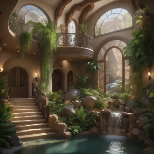 Prompt: A lush, inviting atrium unfolds before you, featuring multiple cascading waterfalls that flow over natural rock formations into a tranquil pool. Sunlight filters through expansive arched windows, illuminating the warm earthy tones of the stucco walls and the intricately designed railings that grace the winding staircase. Verdant plants thrive throughout the space, adding vibrant greenery to the rustic decor, while elegant chandeliers cast a soft glow that enhances the serene atmosphere. The combination of water sounds and rich textures creates a peaceful sanctuary that feels both luxurious and harmonious with nature, inviting exploration and relaxation.