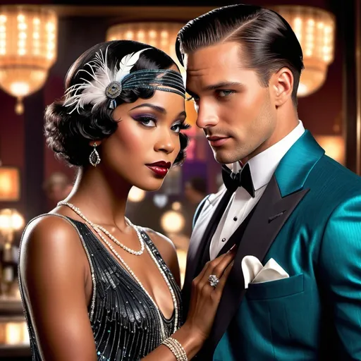 Prompt: Romance novel style book cover with a handsome man holding a gorgeous black woman, 1920s style outfits and background. Interracial couple.