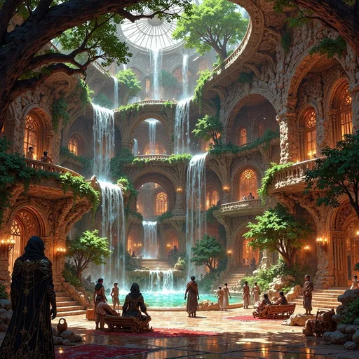 Prompt: A stunning Afro-futurism hotel lobby bathed in atmospheric, ambient lighting that accentuates its futuristic architecture. Towering biophilic waterfalls cascade over sleek, high-tech surfaces, blending lush greenery with cutting-edge design. Rich African cultural symbolism adorns textured walls, intricate carvings, and vibrant textiles, creating a tapestry of tradition and innovation. Vibrant colors ripple throughout the space—deep reds, golds, and emerald greens—enhanced by luminous accents and holographic projections. The scene is ultra-detailed and high-resolution, capturing the seamless harmony of nature and technology, evoking a sense of cultural pride and forward-looking optimism. A professional digital art piece that immerses viewers in a lush, high-tech, culturally rich atmosphere of the future.