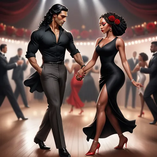 Prompt: A dashing Latino man with slick black hair dons a fitted black shirt and tailored slacks, exuding confidence as he leads a beautifully graceful black woman across the dance floor. She wears a matching black dress that flows elegantly around her as she moves, accentuated by her bold red heels and red rose in her locs. The dimly lit Argentinian-style club is alive with a warm, inviting atmosphere, where rustic wooden beams and vibrant murals hint at a rich cultural tapestry. Soft golden lights cast gentle shadows, illuminating the couple as they dance passionately, their eyes locked in a joyful connection. The vibrant sounds of the tango envelop them, transporting onlookers to a world of romance and rhythm. This scene captures the essence of life and dance in a cinematic, photorealistic style. 
