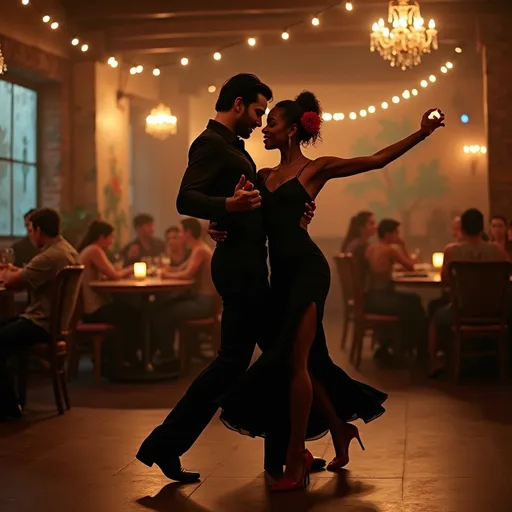 Prompt: A dashing Latino man with slick black hair dons a fitted black shirt and tailored slacks, exuding confidence as he leads a beautifully graceful black woman across the dance floor. She wears a matching black dress that flows elegantly around her as she moves, accentuated by her bold red heels and red rose in her hair. The dimly lit Argentinian-style club is alive with a warm, inviting atmosphere, where rustic wooden beams and vibrant murals hint at a rich cultural tapestry. Soft golden lights cast gentle shadows, illuminating the couple as they dance passionately, their eyes locked in a joyful connection. The vibrant sounds of the tango envelop them, transporting onlookers to a world of romance and rhythm. This scene captures the essence of life and dance in a cinematic, photorealistic style. 