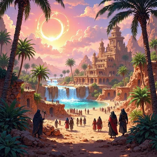 Prompt: Big kingdom, large desert oasis, water spring, waterfalls, trees, greenry, dramatic fantasy settlement scene, traveling caravan,  cinematic lighting