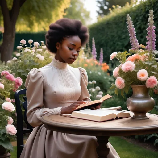 Prompt: A table in a beautiful garden with flowers. A young black lady in long vintage dress with high neckline and long sleeves is sitting at the table and reading the Bible. 