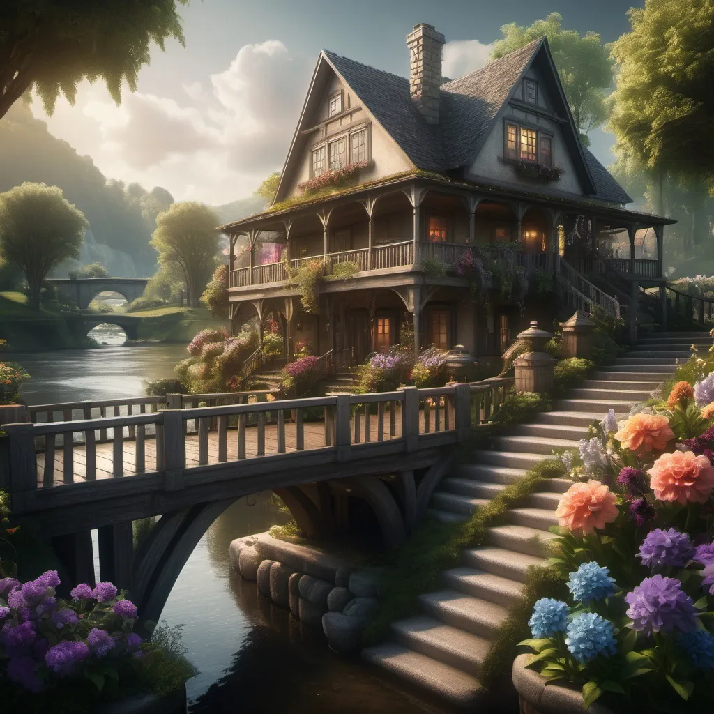 Prompt: House with a large porch, window flowers,  bridge and river, dramatic fantasy settlement scene, cinematic lighting