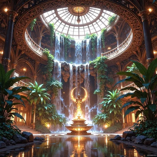 Prompt: Afro-futurism hotel lobby with biophilic waterfall, rich African cultural symbolism, vibrant colors, high-tech, ultra-detailed, highres, digital art, futuristic, cultural symbolism, atmospheric lighting, biophilic waterfall, vibrant colors, professional, African symbolism, high-tech, vibrant atmosphere, lush greenery, intricate cultural details, futuristic architecture