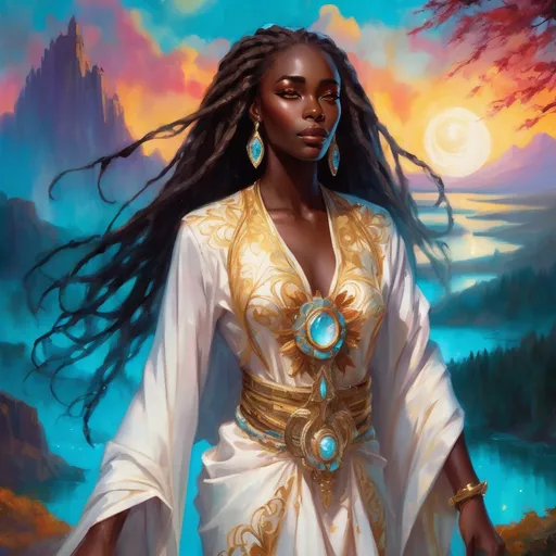 Prompt: A stunning young Black woman with an ethereal face of dark chocolate skin and luxurious white dread locs stands gracefully amidst a vibrant fantasy landscape. Her striking gold eyes shimmer with enchantment, reflecting a soft, magical glow. She is depicted in full body wearing a white, red and turquoise gown & robes with gold embroidery and shimmering moonstone jewelry, surrounded by whimsical, fantastical elements such as glowing flora, shimmering crystals, and floating orbs, all bathed in enchanting, luminous light. The scene exudes a dreamy, otherworldly atmosphere with lush, saturated colors, intricate details, and a sense of high depth, creating a captivating and imaginative composition. Style inspired by dreamy watercolor illustrations with cinematic lighting, photorealistic details, and a whimsical, magical vibe.