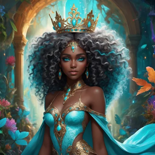 Prompt: (beautiful young black woman), vibrant fantasy style, full body, dark chocolate skin, luxurious white curly/coily hair, striking turquoise eyes, a crown, magical atmosphere, enchanting light, whimsical background filled with fantastical elements, lush colors, dreamy vibe, high depth, ultra-detailed, captivating and imaginative composition.