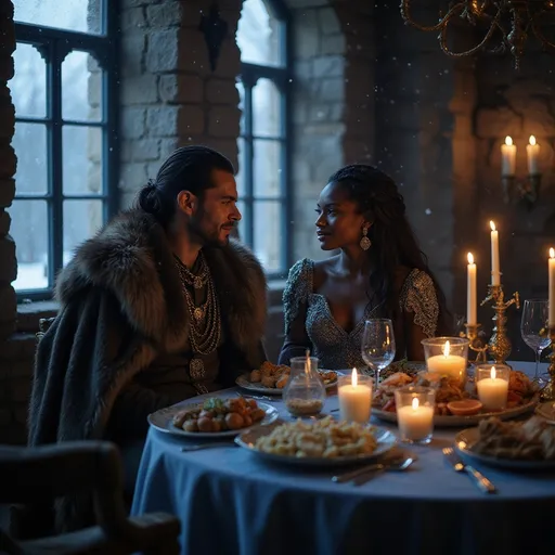Prompt: A great Northen King and his beautiful black Queen having an intimate candlelight dinner in their chambers.