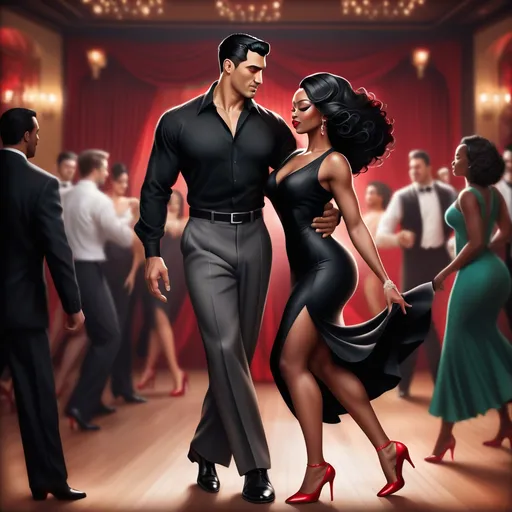 Prompt: A dashing Latino man with slick black hair dons a fitted black shirt and tailored slacks, exuding confidence as he leads a beautifully graceful black woman across the dance floor. She wears a matching black dress that flows elegantly around her as she moves, accentuated by her bold red heels and red rose in her hair. The dimly lit Argentinian-style club is alive with a warm, inviting atmosphere, where rustic wooden beams and vibrant murals hint at a rich cultural tapestry. Soft golden lights cast gentle shadows, illuminating the couple as they dance passionately, their eyes locked in a joyful connection. The vibrant sounds of the tango envelop them, transporting onlookers to a world of romance and rhythm. This scene captures the essence of life and dance in a cinematic, photorealistic style. 