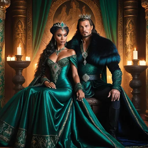 Prompt: Amidst a lavish, candlelit hall adorned with intricate tapestries depicting tales of valor, sits a Northern King, regal in his rich, dark furs, his piercing blue eyes reflecting the flickering candlelight. Across from him is his enchanting black Queen, draped in an elegant gown of deep emerald, her expressive eyes shimmering like jade, capturing the warmth of the moment. The long wooden table, beautifully set with fine porcelain and glistening silverware, is laden with an exquisite feast, the steam rising from the dishes merging with the golden glow surrounding them. Outside, a gentle snowfall blankets the land, the soft sound of wind harmonizing with their joyful laughter, creating a setting both intimate and majestic. The atmosphere is enchanting, captured in a cinematic, photorealistic style.
