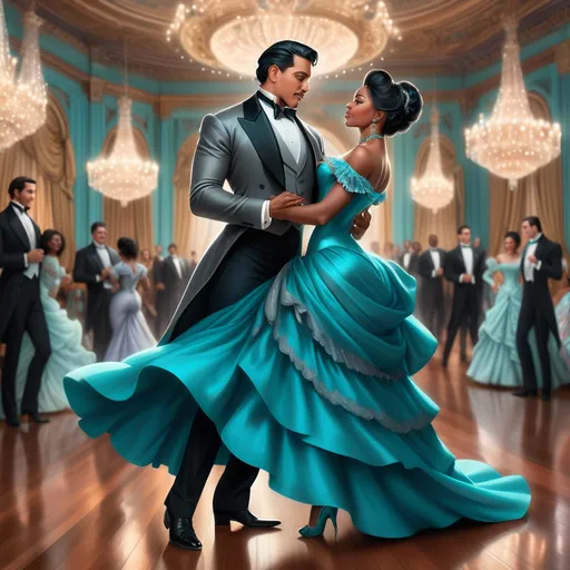 Prompt: In a lavish ballroom in the Victorian-era, elaborate chandeliers cast sparkling light onto a polished wooden floor, reflecting the joyous atmosphere. A handsome Latino man in a sharp grey tuxedo, his slick black hair glistening with elegance, twirls gracefully with a stunning black woman. She wears a silk turquoise Victorian bustle dress that billows gently around her as she moves, paired with dazzling silver heels that catch the light with every step. Their laughter fills the air, creating a palpable sense of joy and connection. Soft, warm tones of gold and cream envelop the scene, enhancing the romantic, celebratory mood. This enchanting moment, captured in enchanting, realistic detail, showcases their elegance and chemistry amidst the ornate decor of the ballroom.