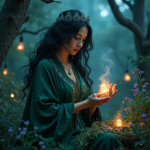 Prompt: A beautiful black witch is harvesting her witch garden.