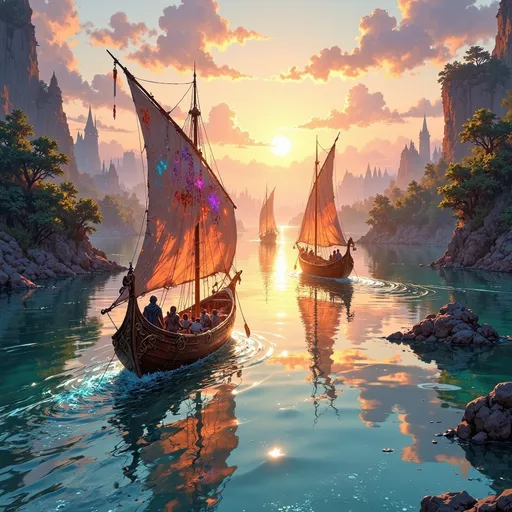 Prompt: The caravan of boats travels on the long wide river.