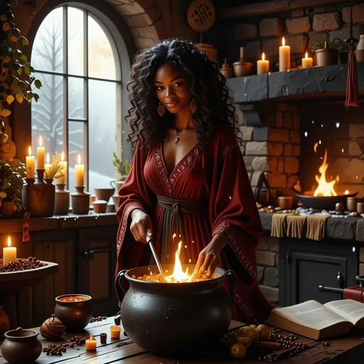Prompt: In a cozy, dimly lit kitchen, a beautiful black witch stands gracefully by a bubbling cauldron, her long, flowing burgundy robes adorned with mystical symbols rustling softly as she stirs, the color complementing her radiant deep brown skin. The warm glow of flickering candlelight and blazing fire from the fireplace dances against the stone walls, casting enchanting shadows that animate her surroundings. Rich, earthy scents of herbs and spices fill the air, mingling with the sweetness of simmering potions. Outside the window, the moon hangs low, illuminating the gentle snowfall that blankets the world in deep tranquility. A well-worn spellbook lies open on a nearby table, its pages fluttering slightly as if alive with secrets. The scene is infused with a magical realism, rendered in a cinematic lighting style that brings every detail to life.