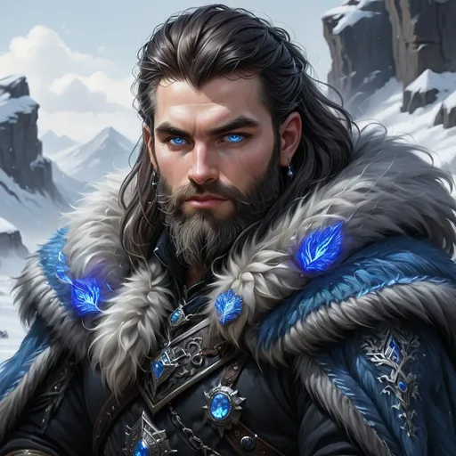 Prompt: A handsome Northern King, piercing blue eyes, long thick dark hair and beard, wearing rich dark furs, 