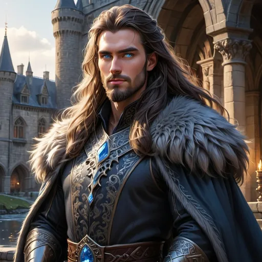 Prompt: (Full body)A handsome Northern King, piercing blue eyes, long thick dark hair and beard, wearing rich dark furs, mighty broadsword with polished round gem at the hilt, castle courtyard 
