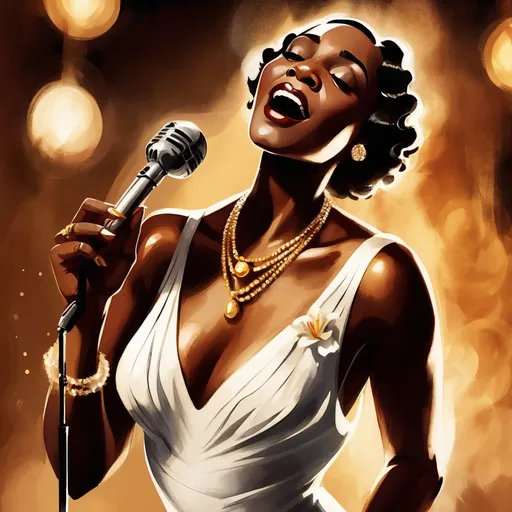 Prompt: A soulful black jazz singer, dressed in a luxurious 1920s style white dress, gold jewelry and a white lily in her fingerwaved hair, stands confidently center stage at the microphone, her voice pouring out like honey as she sings her heart out in a dimly lit, smoke-filled club, the air thick with the scent of cigarette smoke and whiskey, reminiscent of the iconic styles of Erté, Gustav Klimt, and Hopper, with bold, expressive brushstrokes and a muted, film noir-inspired color palette. The overall style is reminiscent of vintage art deco illustrations, enhancing the timeless elegance of their romance.