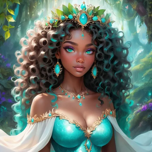 Prompt: (beautiful young black woman), vibrant fantasy style, dark chocolate skin, luxurious white curly/coily hair, striking turquoise eyes, a diadem, magical atmosphere, enchanting light, whimsical background filled with fantastical elements, lush colors, dreamy vibe, high depth, ultra-detailed, captivating and imaginative composition.