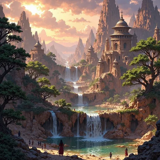 Prompt: Big kingdom, large desert oasis, water spring, waterfalls, trees, greenry, dramatic fantasy settlement scene, cinematic lighting
