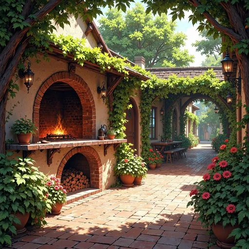Prompt: Surrounded by vibrant greenery, this charming outdoor kitchen features a rustic brick oven, its rounded top inviting warmth and flavor. Lush plants flourish in terracotta pots, adding splashes of life against the aged brick pathway that leads to the oven and a wooden countertop. Sunlight filters through the trees, enhancing the earthy tones and creating a serene ambiance that's ideal for gathering and cooking. The scene evokes a sense of coziness and culinary adventure, suggesting moments filled with laughter and the satisfying aroma of baked goods or grilled meals. This picturesque corner of nature harmoniously merges functionality with the beauty of outdoor living.