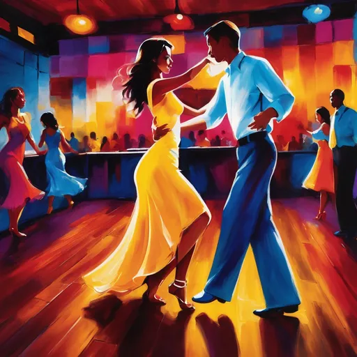 Prompt: Couples dancing in a Latin dance club. Women wearing dresses of different colors.