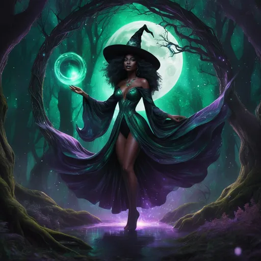 Prompt: In a mystical scene, a beautiful black witch steps gracefully through a shimmering, ethereal portal that vibrates with iridescent colors—emerald greens and deep purples swirling like an enchanting nebula. The backdrop is a moonlit forest, where ancient trees loom overhead, their branches heavy with glimmering dew and dark, velvety shadows. As she emerges, her flowing ebony robes swirl around her like a cascade of night, and her expressive eyes reflect wonder and power. Wisps of magical energy trail behind her, fracturing the air with flickering light. The atmosphere is charged with enchantment, the air humming softly with the whispers of the arcane. Suggest a dreamy watercolor illustration style that captures the fluidity and magic of the moment.