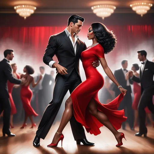Prompt: A dashing Latino man with slick black hair dons a fitted black shirt and tailored slacks, exuding confidence as he leads a beautifully graceful black woman across the dance floor. She wears a striking red dress that flows elegantly around her as she moves, accentuated by her bold red heels. The dimly lit Argentinian-style club is alive with a warm, inviting atmosphere, where rustic wooden beams and vibrant murals hint at a rich cultural tapestry. Soft golden lights cast gentle shadows, illuminating the couple as they dance passionately, their eyes locked in a joyful connection. The vibrant sounds of the tango envelop them, transporting onlookers to a world of romance and rhythm. This scene captures the essence of life and dance in a cinematic, photorealistic style. 