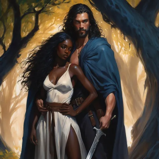 Prompt: In a mystical world, a tall rugged handsome white man with long black hair and beard and deep blue eyes stands watchfully with sword in hand as he guards his beautiful black lover with deep brown skin and mass of curly hair as she sleeps cover by his cloak. They hide in a cave covered by willow trees. 