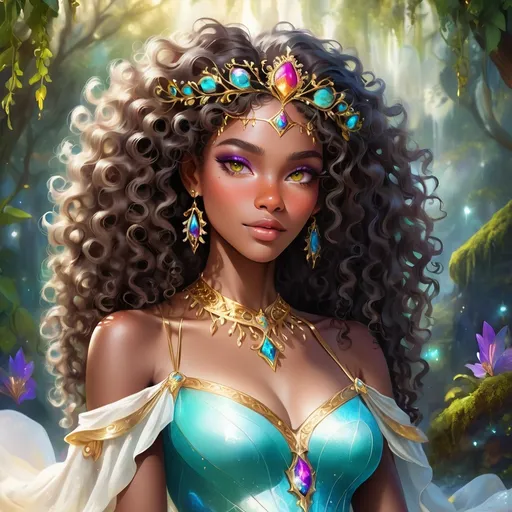 Prompt: (beautiful young black woman), vibrant fantasy style, full body, dark chocolate skin, luxurious white curly/coily hair, striking gold eyes, a diadem, magical atmosphere, enchanting light, whimsical background filled with fantastical elements, lush colors, dreamy vibe, high depth, ultra-detailed, captivating and imaginative composition.