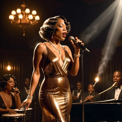 Prompt: A soulful black jazz singer, dressed in a luxurious 1920s style bronze dress, gold jewelry and a white lily in her fingerwaved hair, stands confidently center stage at the microphone, her voice pouring out like honey as she sings her heart out in a dimly lit, smoke-filled club, the air thick with the scent of cigarette smoke and whiskey, reminiscent of the iconic styles of Erté, Gustav Klimt, and Hopper, with bold, expressive brushstrokes and a muted, film noir-inspired color palette. The overall style is reminiscent of vintage art deco illustrations, enhancing the timeless elegance of their romance.